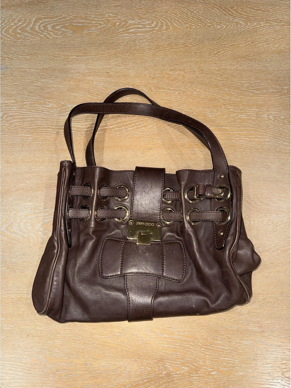 Jimmy Choo Authentic Brown Leather Ramona Shoulder Bag Handbag Tote Gold Hardwar